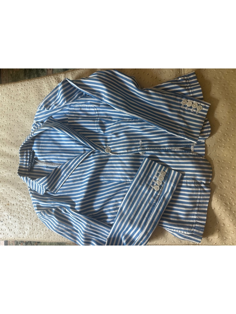 Ralph Lauren Blue White Striped Cotton Blazer Jacket Size 8 Excellent Condition